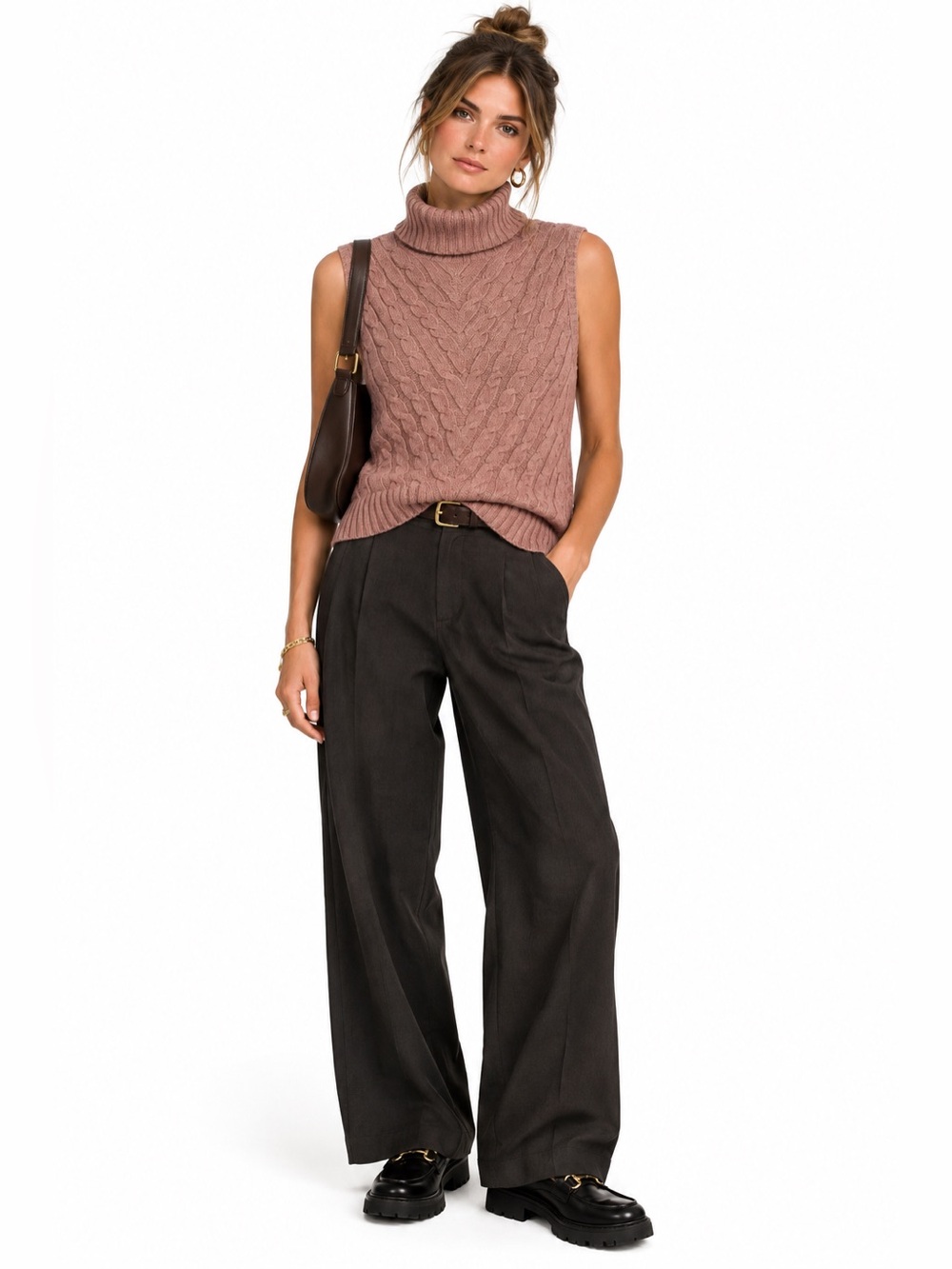 Ralph Lauren Black Label Cableknit Cashmere Turtleneck Sleeveless Sweater Womens